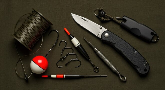 Essential Fishing Tackle and Angling Gear Flat Lay with Knife