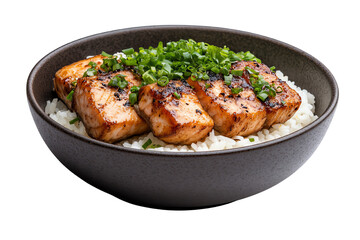 Fototapeta premium Delicious grilled salmon fillets served on a bed of white rice topped with fresh green onions.
