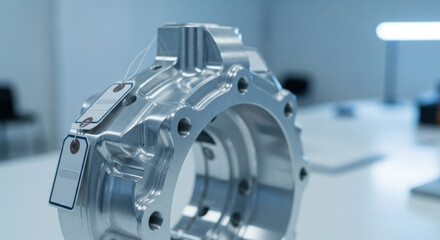 Fototapeta premium Closeup precision engineered metal component with attached identification tag displayed in modern industrial laboratory environment for quality inspection