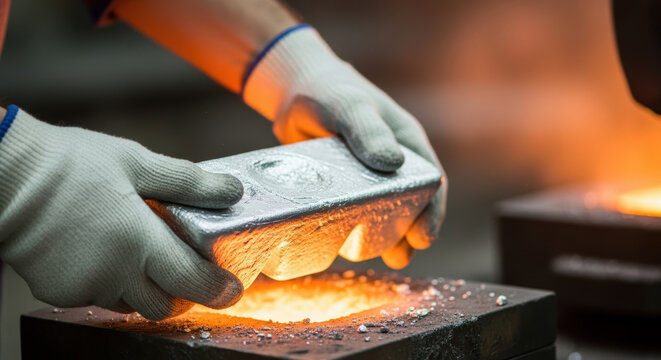 Industrial worker with protective gloves carefully places shiny molten metal ingot mold in manufacturing facility during production process casting operations