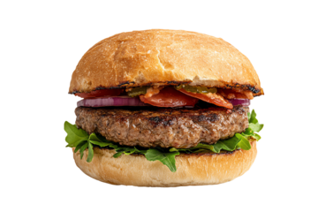 Delicious hamburger with fresh ingredients, featuring a juicy patty, lettuce, onion, and toppings on a toasted bun.