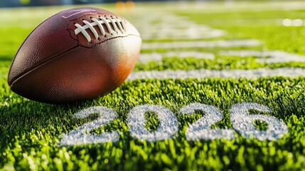 Obraz premium An american football with the year 2026 written on the grass of a football field, symbolizing the upcoming season and future games
