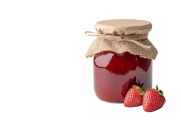 Delicious homemade strawberry jam in a jar with fresh strawberries on a white background.