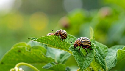 Close-up captures potato beetles with striped shells and red markings, feeding on lush green leaves with blurry foliage in the background