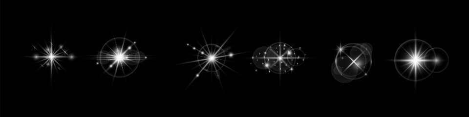 Light effect set. Glow isolated white transparent light effect set, lens flare, explosion, glitter, dust, line, sun flash, spark and stars, spotlight, curve twirl.