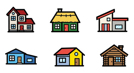 Colorful Vector Illustrations of Various House Styles with Outlined Details.