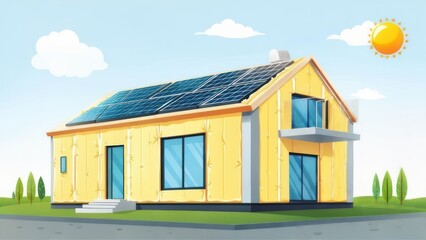 Modern home with solar panels on a sunny day.  Insulated exterior
