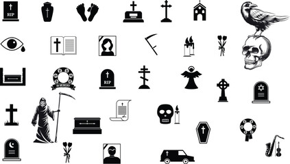 Halloween graveyard icons vector set with tombstones, skulls, coffins and spooky death symbols