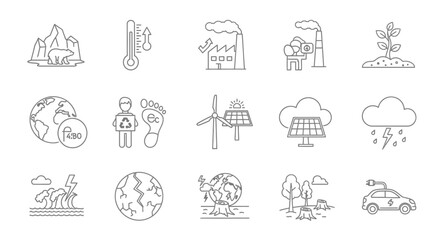 Hand-drawn doodle icon set illustrating climate change, global warming, and environmental conservation.