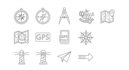Hand-drawn line art navigation and travel icons set, including compasses, maps, lighthouses, and GPS.
