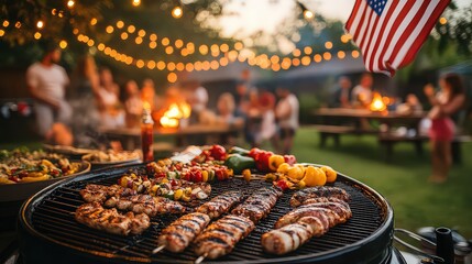 Festive 4th of july barbecue party with american flag and grilled food on the grill, celebrating independence day with friends and family at night
