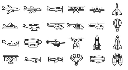 Monochrome Outline Aircraft Icons Collection for Air Transportation.