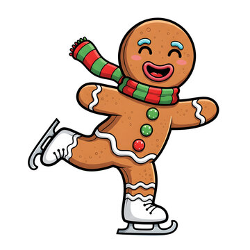Cartoon Gingerbread Man Ice Skating, Holiday Character on White Background