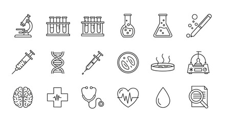 Set of hand-drawn science and medicine icons in a sketchy black and white line art style.