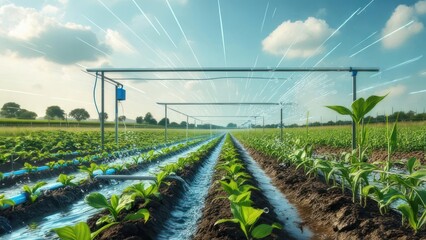 Irrigation system watering crops in a field. Sunlight and water spray visible