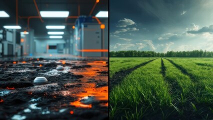 Futuristic lab floor contrasts with a sunlit field