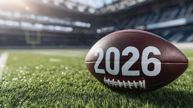 An american football with the year 2026 written on it sits on the grass of a stadium field, suggesting future sports events or a championship game
