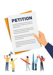 Petition concept illustration. Collective appeal. Online balloting, men and women with megaphones and pens. People signing and spreading electronic documents for government. vector stock illustration.