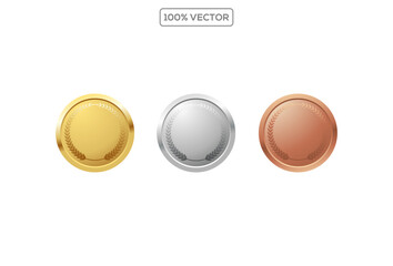 Gold, silver, bronze circle medals. Metal coins. First, second, third place award frames isolated on transparant background. Winners trophy element
