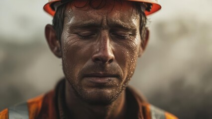 Close-up of a weary worker, drenched in sweat,  wearing a hard hat
