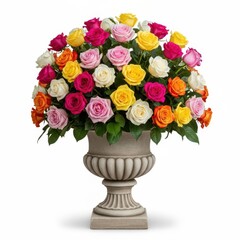 Obraz premium A large, overflowing urn filled with a vibrant bouquet of multicolored roses, isolated on a white background