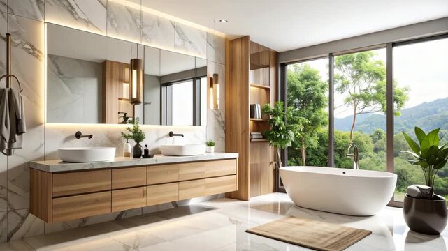 Luxurious bathroom interior featuring modern fixtures, sleek vanity, marble accents, and natural light pouring in from the large scenic window.