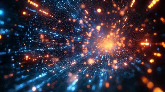 Dynamic digital explosion with vibrant blue and orange light streaks and glowing particles