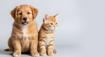 Two cute pets, a puppy and a kitten, isolated on white.