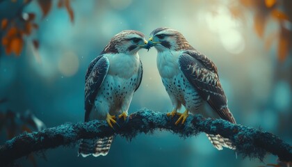 Intimate Hawks Couple on Mossy Branch in Enchanting Forest, Wildlife Love Connection