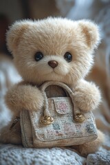 Adorable Teddy Bear Holding a Chic Vintage Handbag