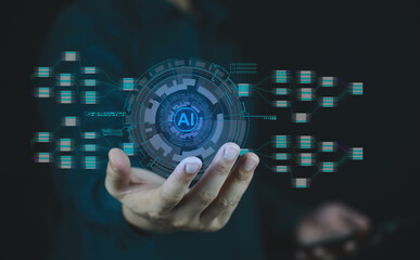 Person holds a glowing AI hologram surrounded by digital data elements, symbolizing artificial intelligence and advanced technology.