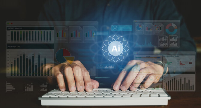 Hands typing on a keyboard with a glowing AI icon and data charts overlayed, symbolizing artificial intelligence and data processing. - Powered by Adobe