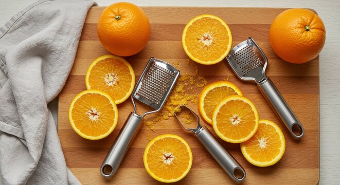 Fresh Sliced Oranges and Zest with Graters on a Wooden Cutting Board