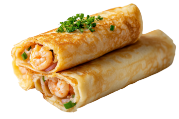 Delicious shrimp rolls served with fresh herbs, showcasing a crispy golden exterior and savory filling.