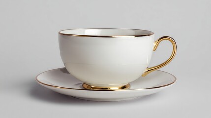 Empty white porcelain teacup and saucer with gold trim on a light gray background
