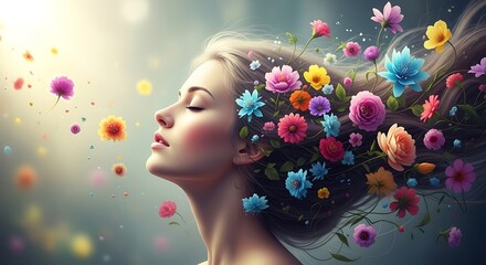Woman with Flowers in Hair, Peaceful Dream.