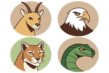 Obraz premium Four stylized animal portraits eagle mountain goat cougar snake in circles vector