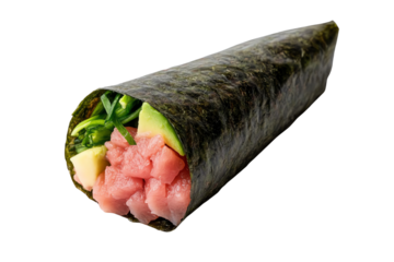 Delicious sushi hand roll with fresh ingredients presented on a white background.