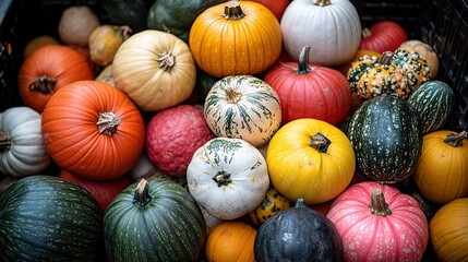 Assorted Varieties of Pumpkins in a Crate for Fall Decor and Design