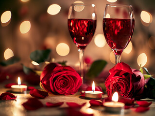 Romantic Candlelight Dinner - A beautifully decorated table for two with red roses, wine glasses, and candlelight glow.