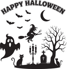 Obraz premium Halloween Silhouette Scene: A spooky Halloween scene in silhouette, featuring a witch on a broomstick, bats, ghost, black cat, graveyard, candle and moon in night sky, all perfect for holiday.