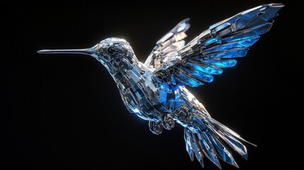 Mechanical hummingbird in flight against a dark background.