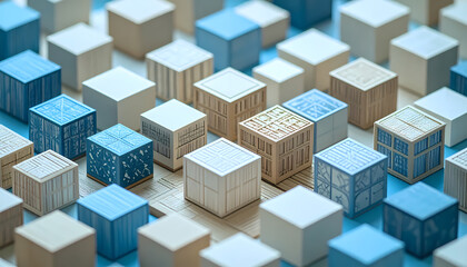 Close-up view of many small, wooden cubes arranged in a grid pattern, showcasing various designs and colors.