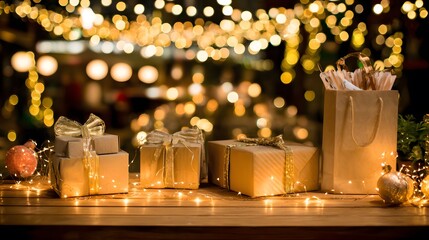 cheer. Festive holiday setup featuring sparkling lights and wrapped gifts on a wooden table, radiating warmth. public awareness campaigns.