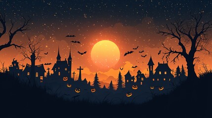 Halloween Nightscape with Haunted Houses, Bats, and Jack - O - Lanterns Under a Full Moon