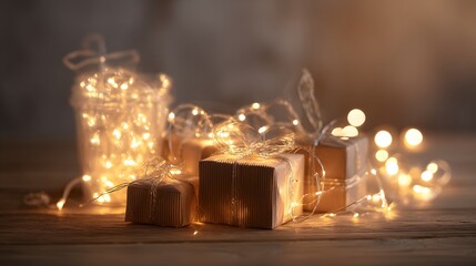 cheer. Festive holiday setup featuring sparkling lights and wrapped gifts on a wooden table, radiating warmth. public awareness campaigns.