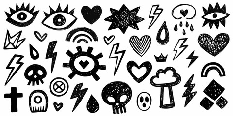 Collection of hand drawn black doodle icons featuring eyes hearts skulls lightning bolts and clouds
