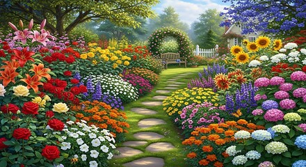 A vibrant flower garden path leads to a charming country home, showcasing a profusion of colorful blossoms and a tranquil atmosphere.