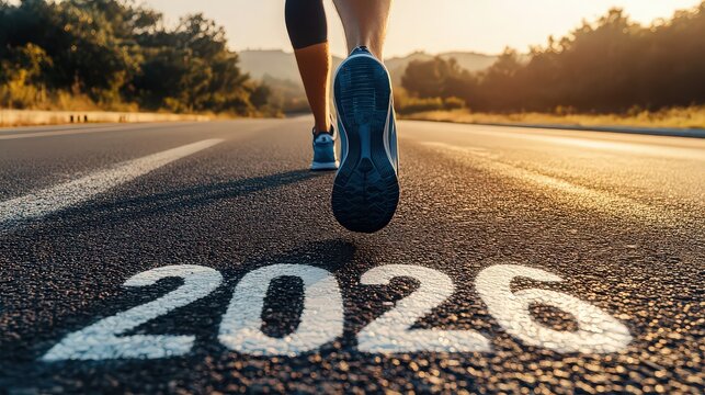 Runner moving forward to new year 2026 with determination, focus, and a clear goal, symbolizing progress, ambition, and the pursuit of success on the road ahead