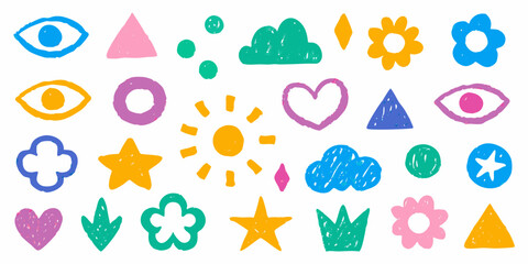 Collection of colorful hand drawn doodle shapes and icons on a white background